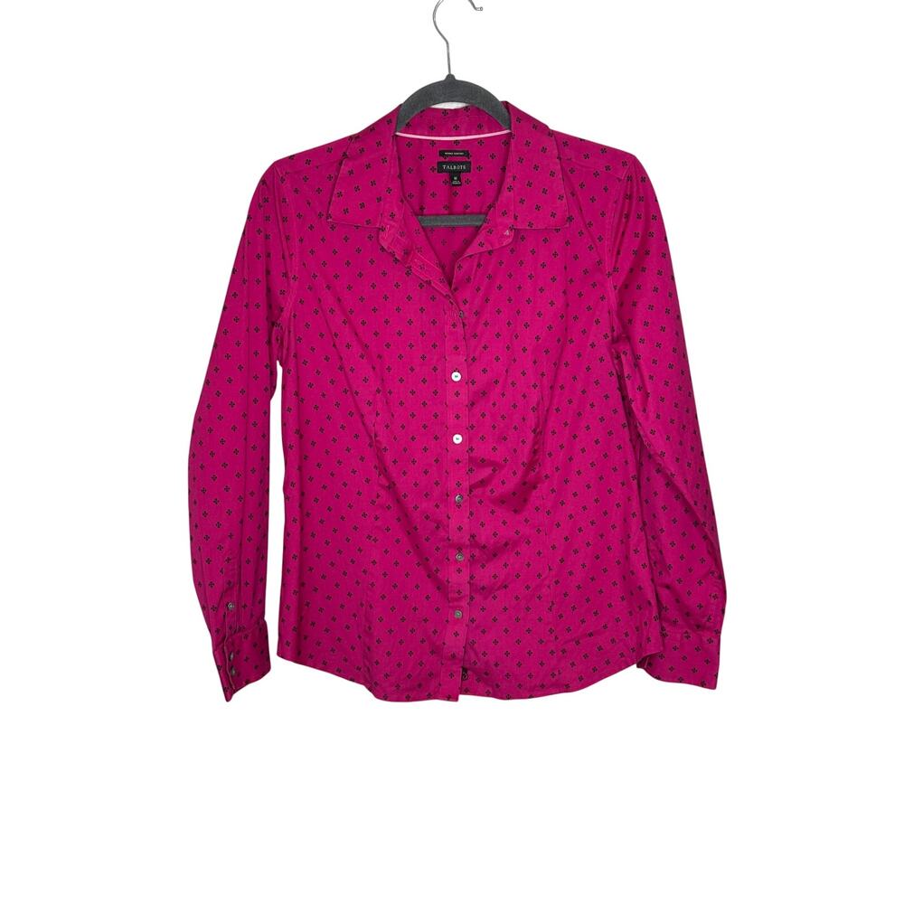 Talbots Wrinkle Resistant Pink Black Dot Button Down Shirt 10 Stretch Blouse Top